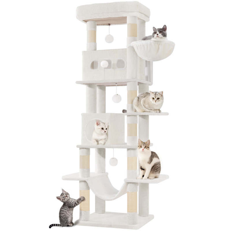Arbre à chat 70 po pour chats d'intérieur, poteau à griffer multicouche avec grande plateforme, 2 grottes, 7 poteaux en sisal, pompons, panier à chat, hamac, convient aux chats
