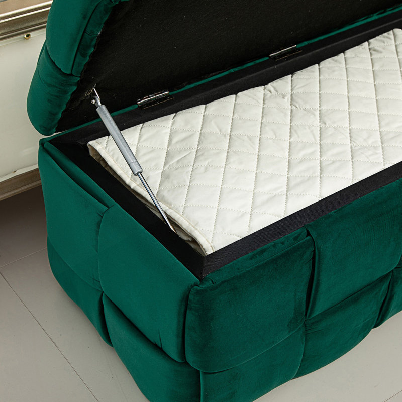 Pransh Velvet Upholstered Storage Bench, Green