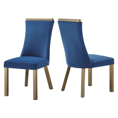Chaises de salle à manger en velours bleu imperméable, pieds en acier inoxydable couleur champagne et garniture supérieure en métal décoratif, lot de 2