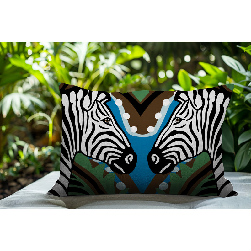 Oreiller rectangulaire réversible intérieur / extérieur Kondy Zebra, Turquoise, H 14 po x l 20 po