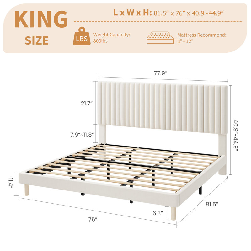 King Bed Frame with Adjustable Headboard, Velvet Upholstered Platform King Size Bed Frame, Vertical Channel Tufted, Strong Wooden Slats, No Box Spring Needed, Easy Assembly, Beige