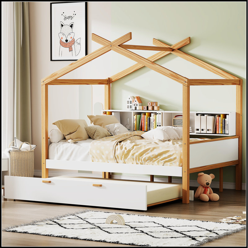 Lit en bois avec structure en bois de couleur originale, lit gigogne et bibliothèque pour chambre d'enfant, Lit double