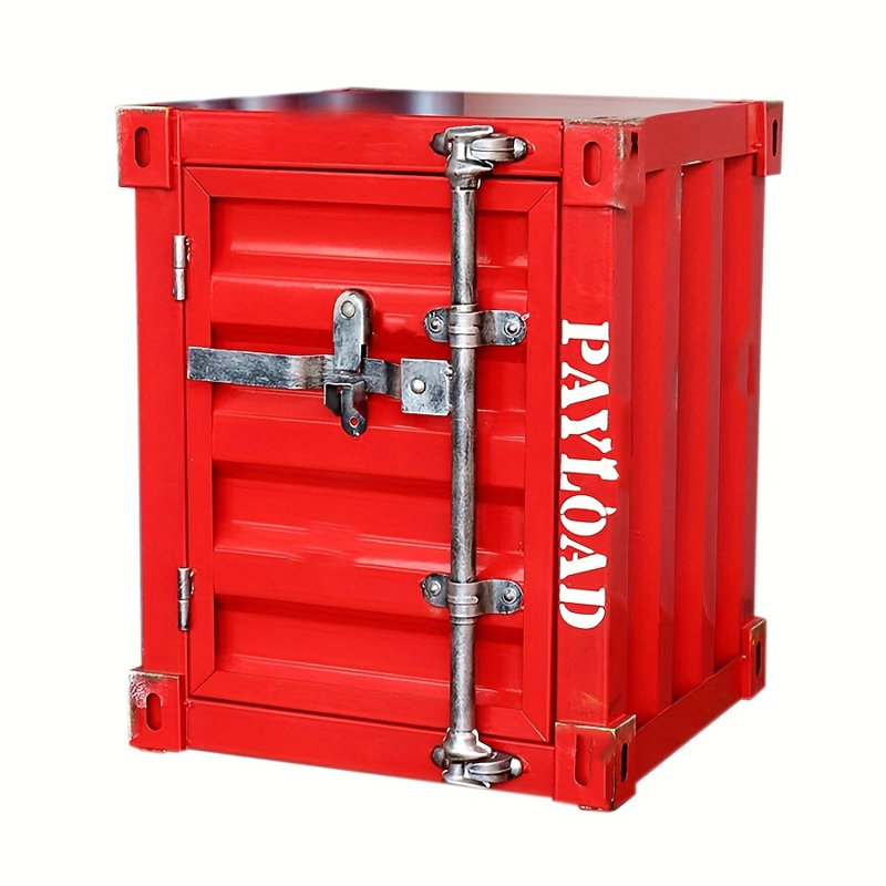 Bright Red Cargo Container Nightstand, All Solid Iron Industrial Bedside Cabinet with Fixed Inner Shelf, Heavy Duty Latch-Door Metal End Table for Loft, Man Cave, Bedroom & Gaming Room