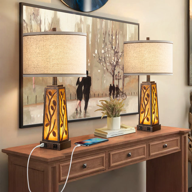 Ensemble de lampe de table en résine 25 po avec veilleuse et ports USB Louann