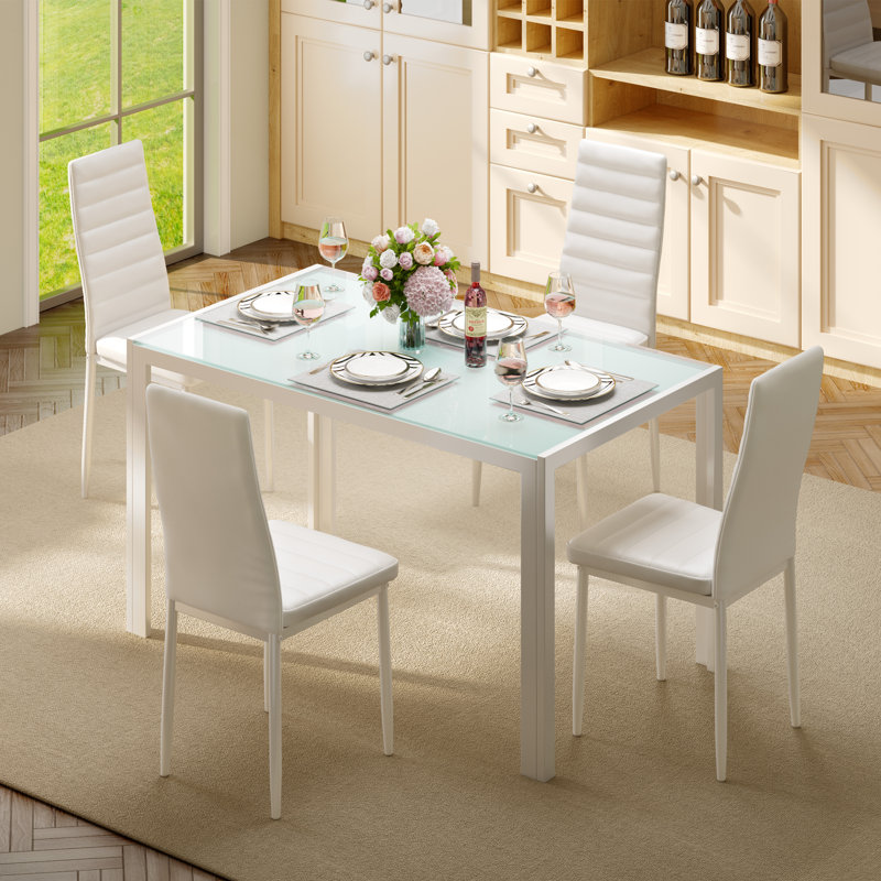 Latoyta Modern 5-Piece Rectangular Glass Top Dining Set with Cushioned Chairs, White