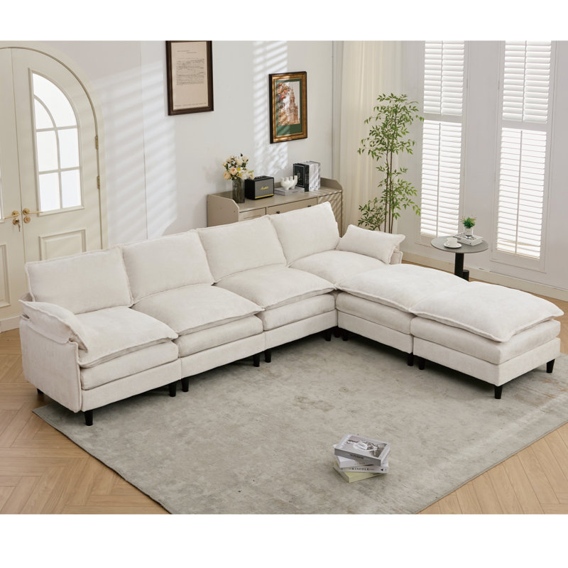 Versatile Convertible Sectional Sofa with Soft Pillows for Living Room, Beige