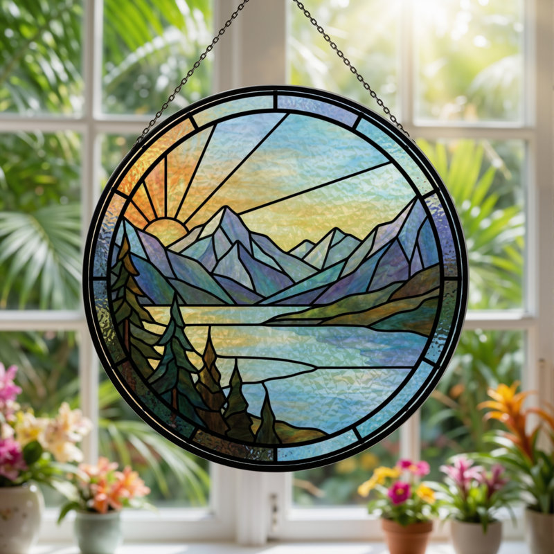 12"H Mountain Lake Stained Glass Window Panel, 12" H x 12" W