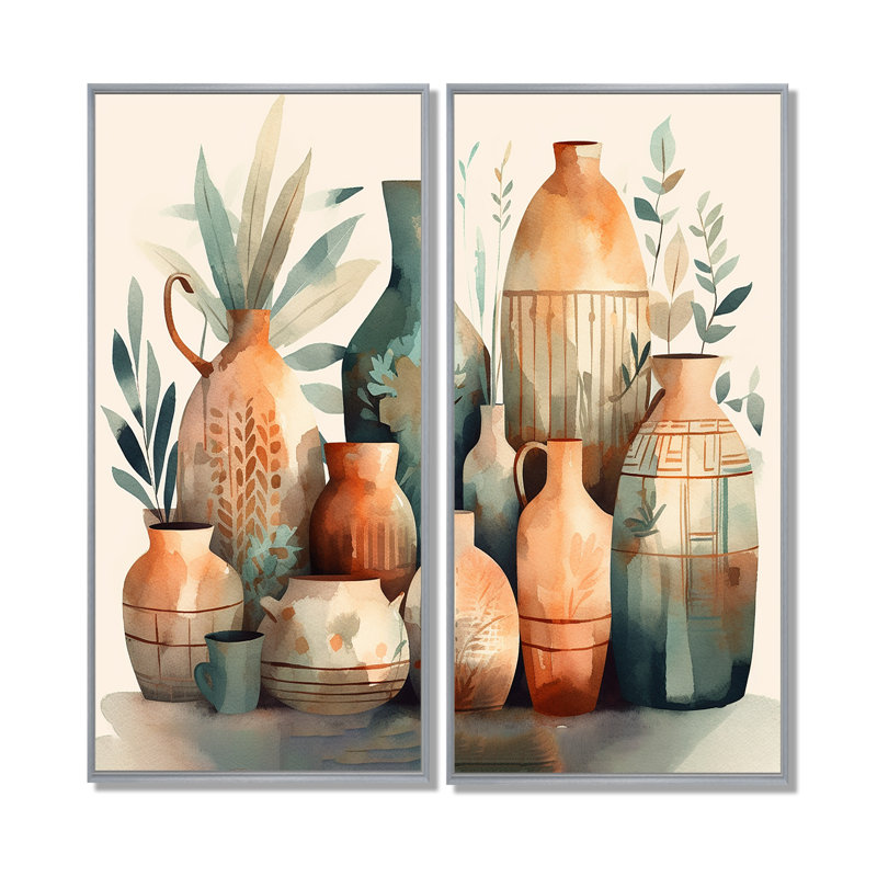 Vase en céramique orange et vert Soulful I - grandes impressions sur toile Boho Pottery, H 40 po x l 40 po, Argent argent