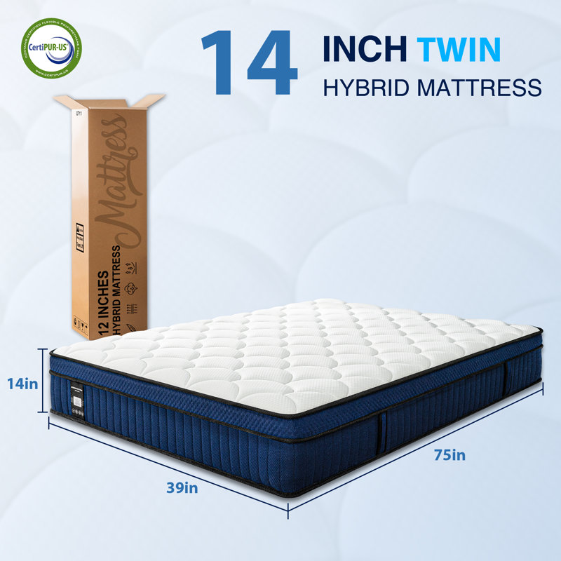 Twin Size 14 Inch Pillow Top Hybrid Innerspring Mattress