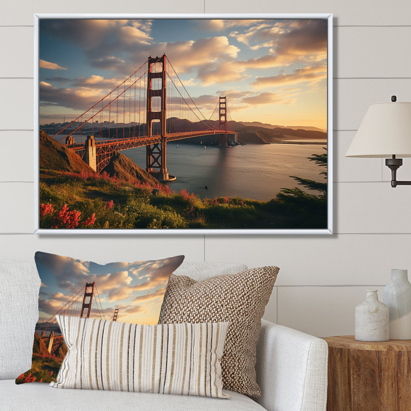 Golden Hour At The Golden Gate I, reproduction d'art sur toile, 16" H x 32" W, Cadre flottant blanc