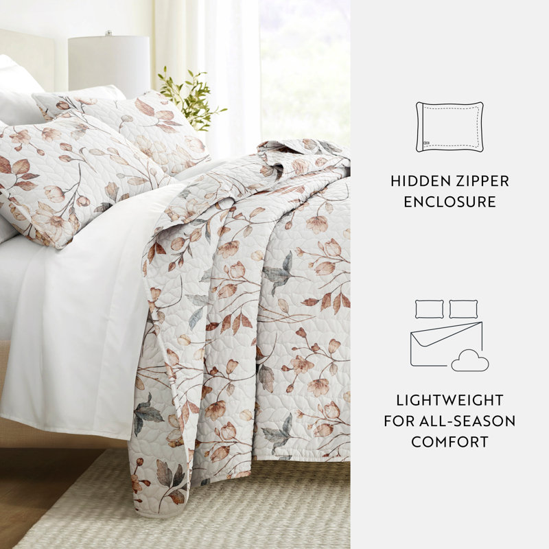 Twin Reversible Floral Microfiber Quilt Set in Beige and Gray
