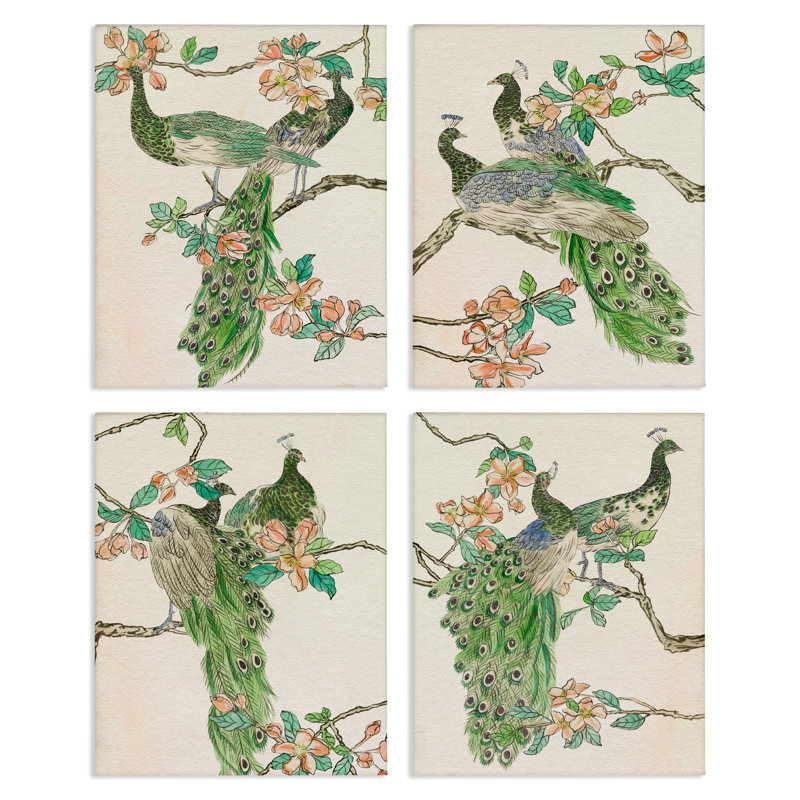  Paons traditionnels sur des branches, ensemble d'art mural sur toile 4 pièces par Melissa Wang, H 14 po x l 11 po