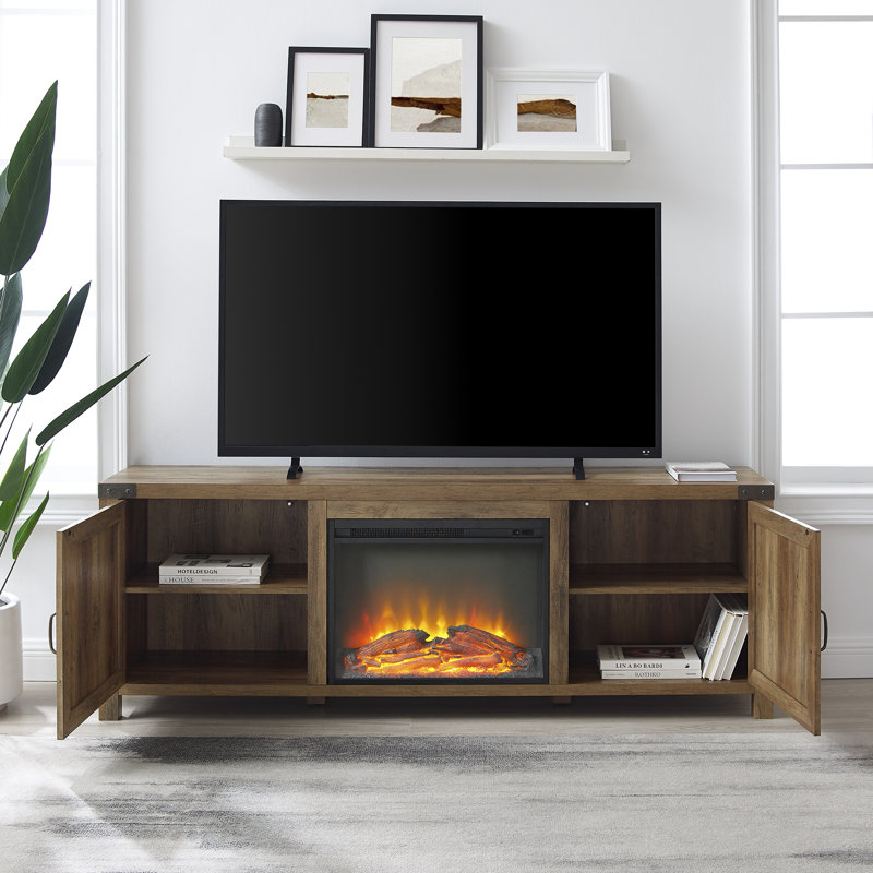 Meuble télé de 58 po avec porte de grange et foyer électrique Marckson, 70" W x 15.5 D, Chêne rustique