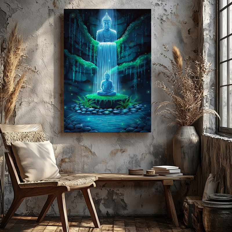 Toile dans une grotte sereine encadrant une statue de Bouddha tranquille, H 30 po x l 20 po
