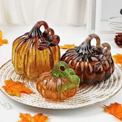 Ensemble de décorations d'automne en verre citrouille - 3 citrouilles soufflées à la main pour des décorations d'automne, Halloween, action de grâce, centre de table de récolte, décorations d'automne