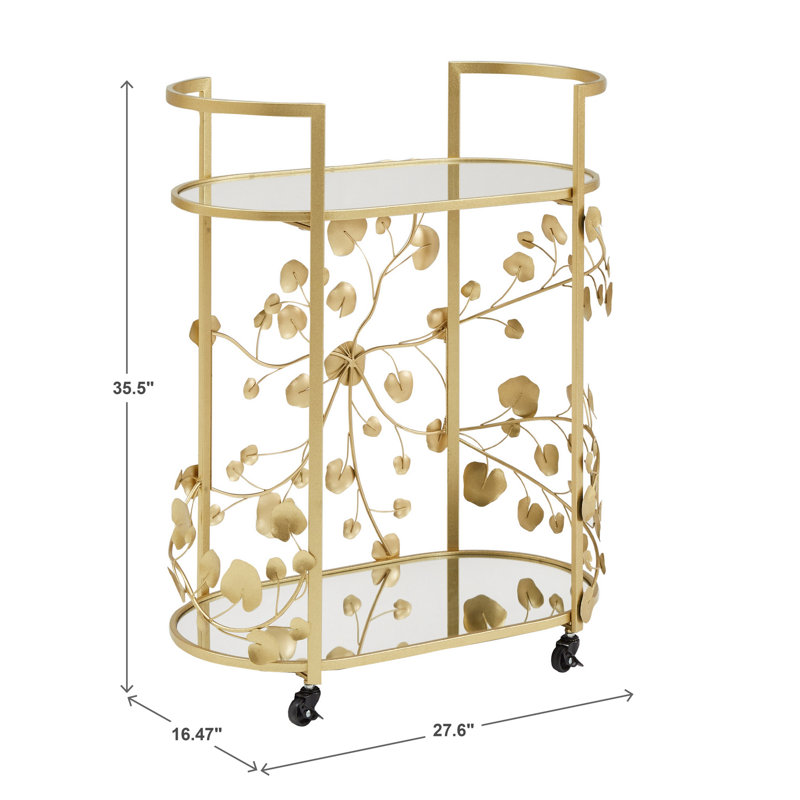 Larkynn Gold Finish Foliage Bar Cart With Mirror Top And Bottom