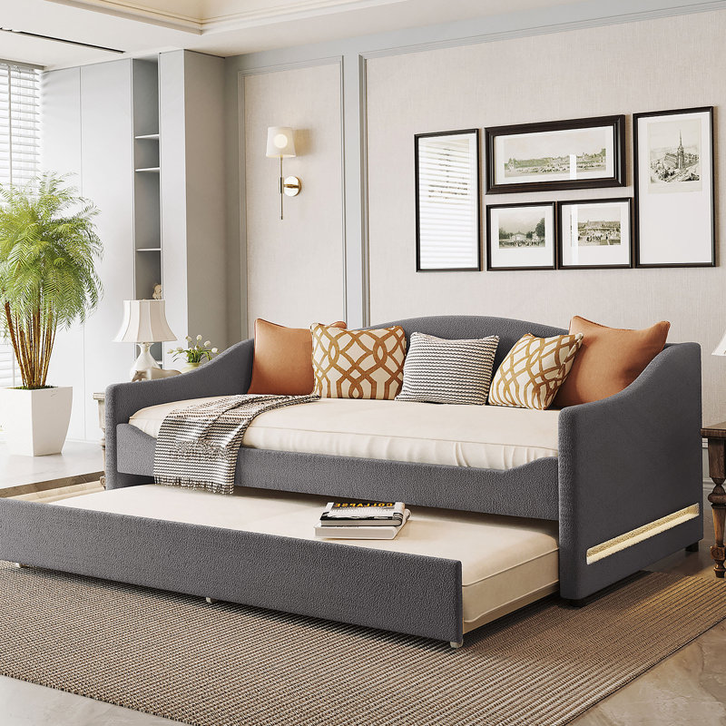 Upholstered Daybed with Light and Trundle, Grey, Twin
