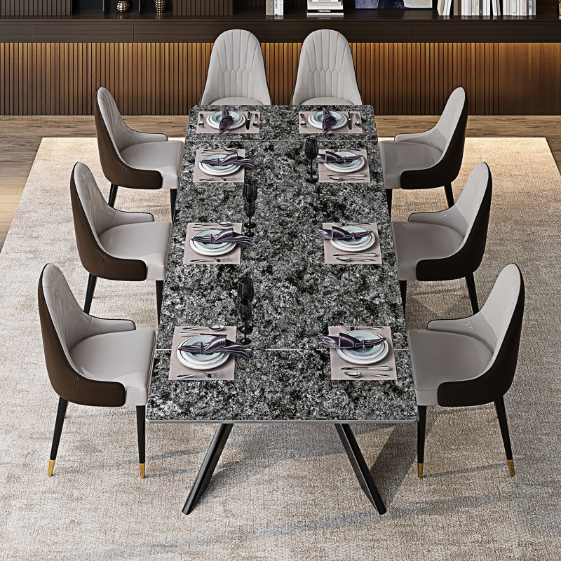 Ensemble de salle à manger à rallonge rectangulaire en pierre frittée avec 8 chaises en cuir 9 pièces Vetler, Noir