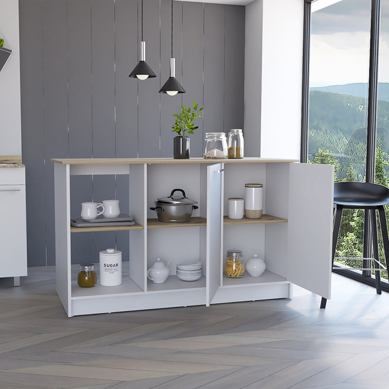 Îlot de cuisine avec grande surface supérieure, armoire à deux portes et tablettes ouvertes, Blanc
