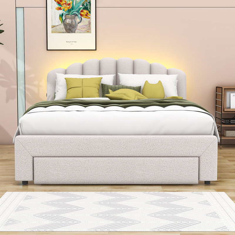 Lit plateforme tapissier avec tiroir Luceile, Beige