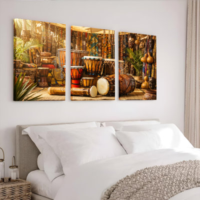 Tambours africain et art tribal sur toile tendue, ensemble de 3 reproductions de peintures à l'huile pour salon