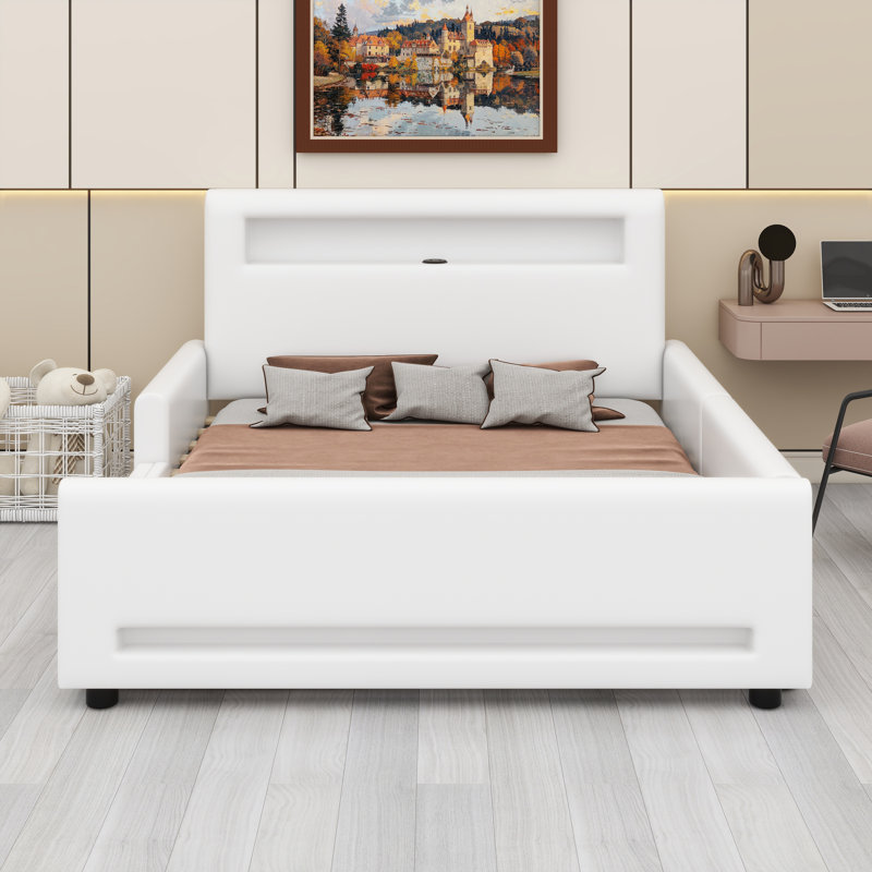 Lit plateforme à technologie de pointe avec rangement, charge USB et lumières DEL, Blanc