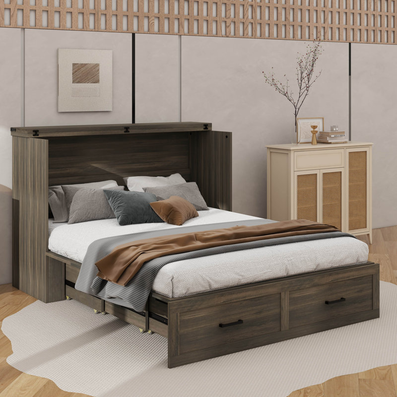 Armoire pour lit escamotable d'inspiration campagnarde Quaint avec station de charge intégrée, Grand lit, Gris rustique