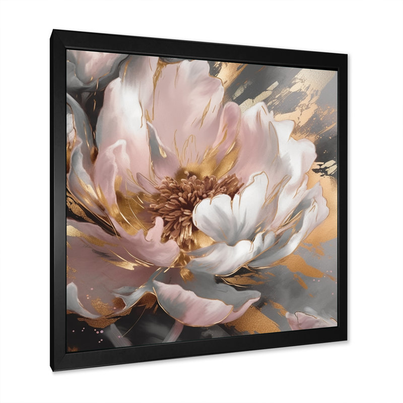 Marbre rose doré pivoine II, Cadre photo noir, H 16 po x l 16 po