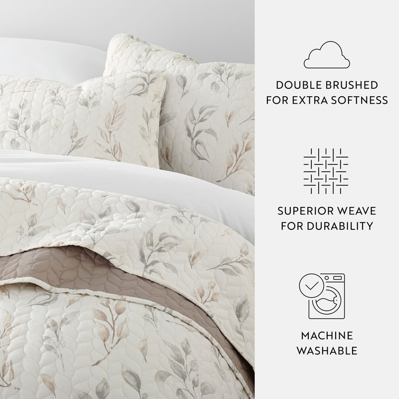 Latte Twin Down Alternative Reversible Microfiber Quilt Set with Watercolor Leaves