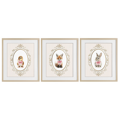 «Vintage Animals with Ornate Design», ensemble de 3 impressions encadrées sous verre, design par Christine Simpson Art