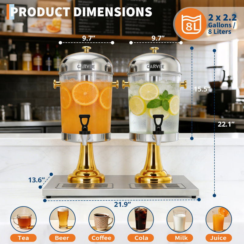 Distributeur de boissons 4,4 gallons, distributeur de boissons en acier inoxydable avec noyau de glace, or