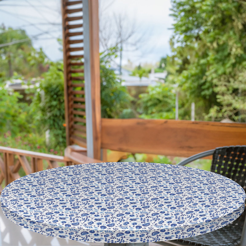 Reannan Flower Fitted Round Tablecloth White Pale Azure Blue
