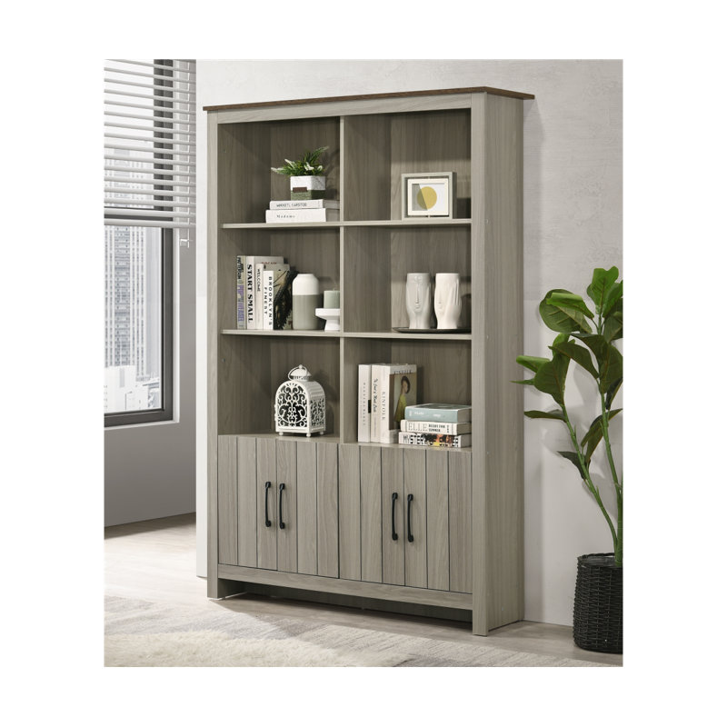 Nilda 47" Gray Oak Bookcase Shelf With Cabinet Doors