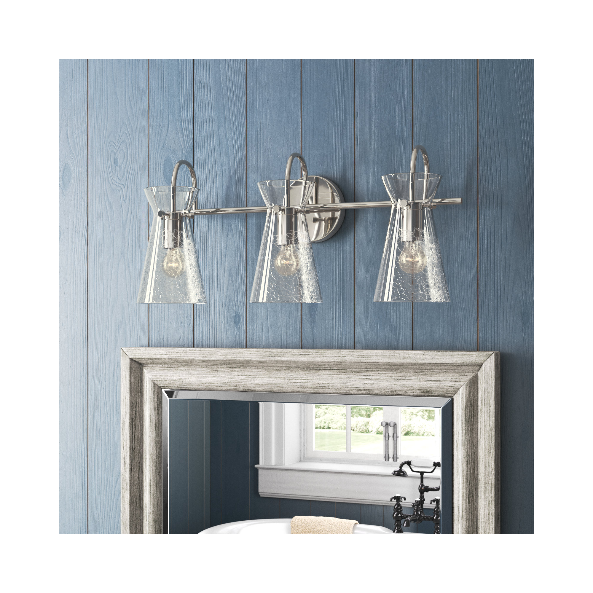 3 Light Crackled Dimmable Vanity Light, Polished Nickel