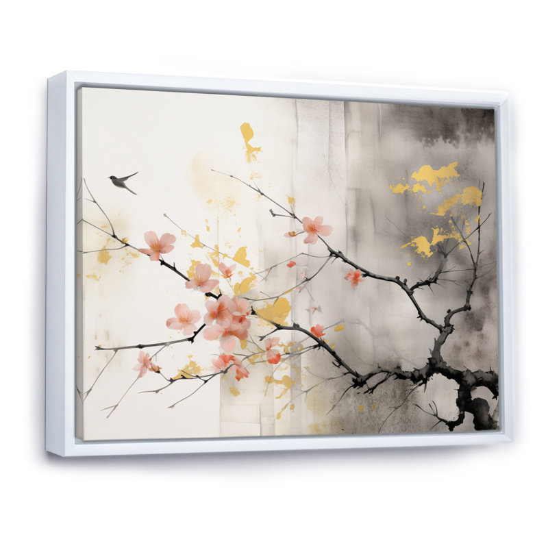 Art asiatique Sumi Blossom I - art mural asiatique, H 24 po x l 32 po x P 1 po, Cadre flottant blanc