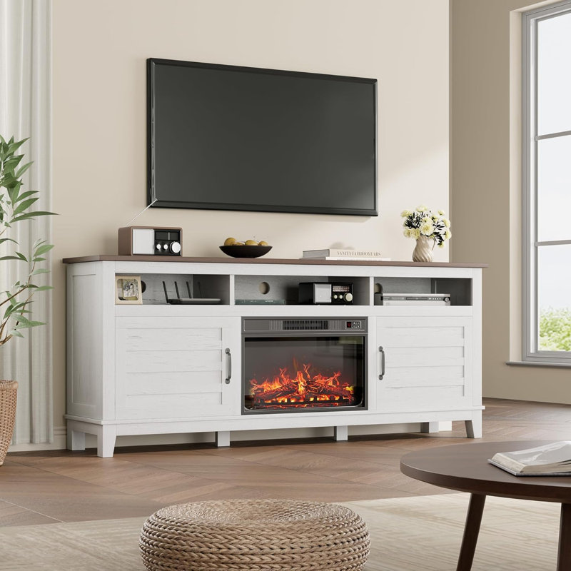 63" Farmhouse TV Stand with 23" Electric Fireplace, Adjustable Storage, Media Console for Living Room & Bedroom, White