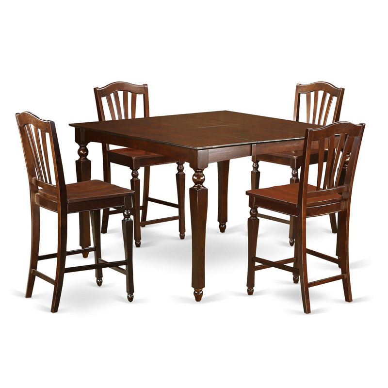 5 Piece Counter Height Pub Set Includes a Square Dining Table with Butterfly Leaf and 4 Dining Room Chairs, Mahogany