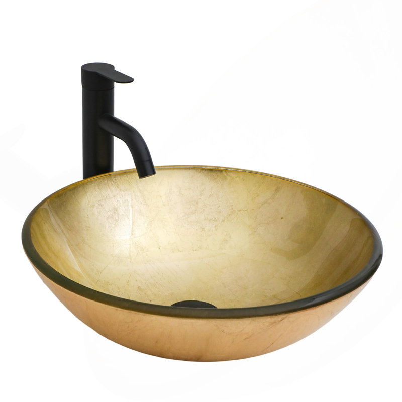 Lavabo de salle de bain en verre trempé avec robinet noir et bonde escamotable, vasque ronde en verre trempé texturé feuille d'or