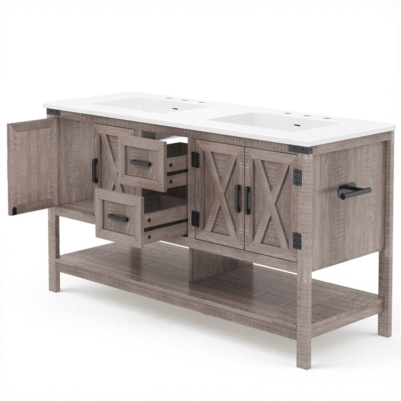 Chimira 60" Farmhouse Storage Bathroom Vanity with Double Sink, Rustic Gray, Gray, 33.3'' H x 60.6'' W x 22'' D