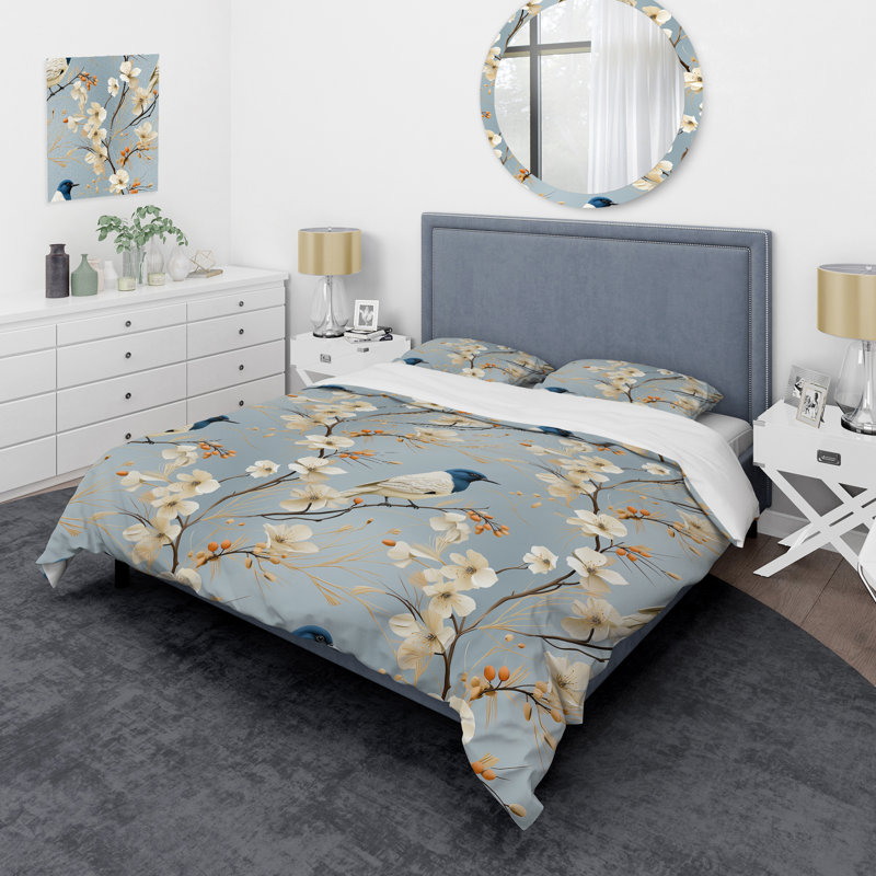 Ensemble de housse de couette à motif floral bleu et blanc Minimalist, Housse de couette simple + 1 taie décorative stan