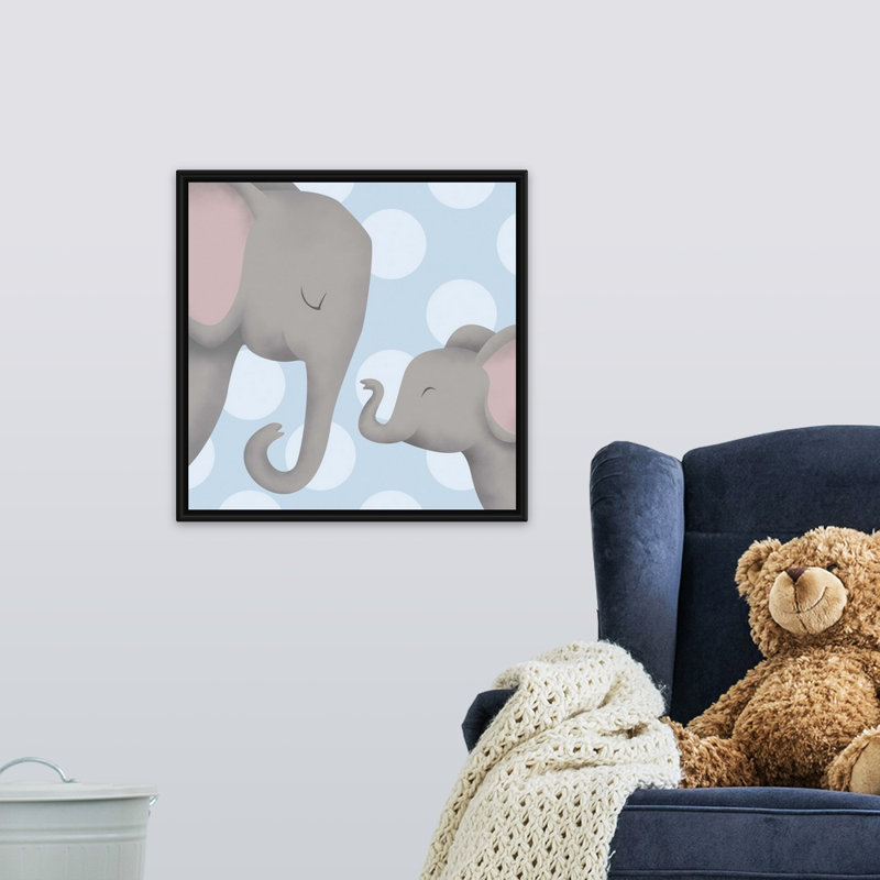 «Elephant Mommy and Baby on Blue», impression, H 20 po x l 20 po x P 1,75 po, Cadre pour toile flottant noir