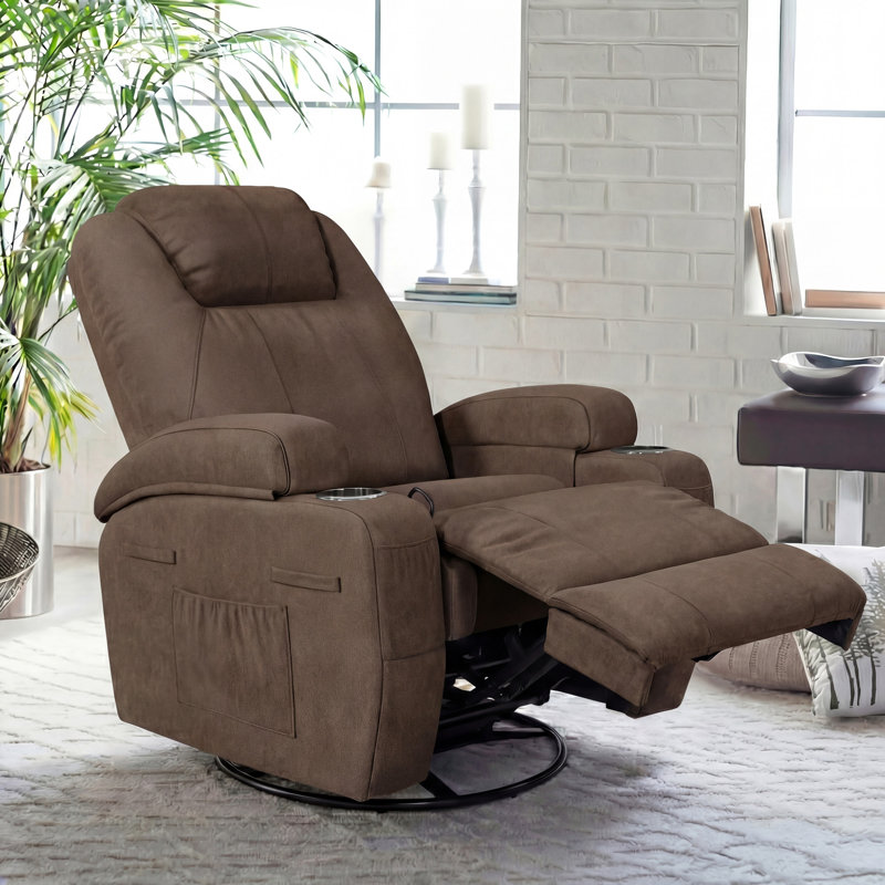 Reclining  Massage Chair with Swivel and Rocking Function, Brown Canvas