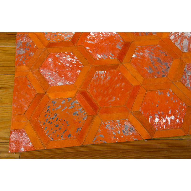 Handmade Tangerine Geometric Cowhide 8' x 10' Area Rug