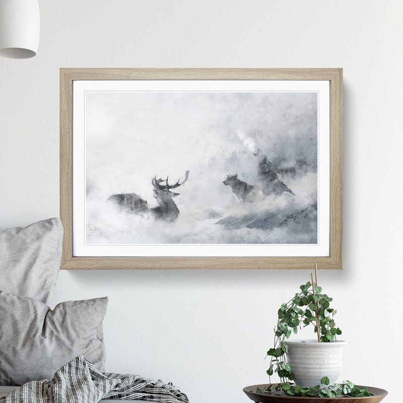 Wolves and Stag - Picture Frame Painting, 27cm H x 36cm W x 2cm D, Oak Framed