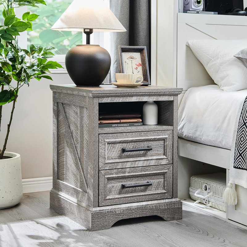 Breshauna 24" Tall Farmhouse Nightstand With Charging Station, Wood End Table With With 2 Drawers, Built-In Outlets, Grey