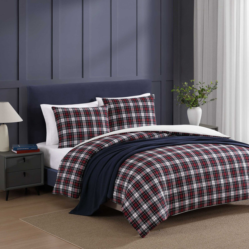 Tommy Hilfiger Essential Tartan Cotton Red Duvet Cover Set, Queen Duvet Cover + 2 Standard Shams