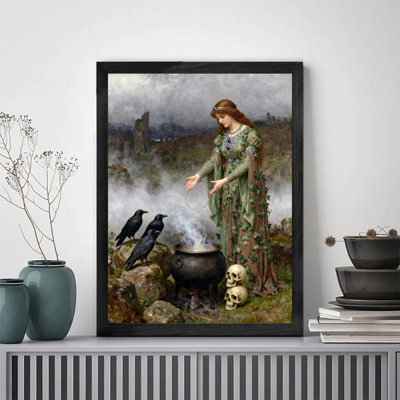 Black Framed Whimsical Witchy Cauldron Wall Art, Vintage Gothic Mystical Portrait Framed Prints