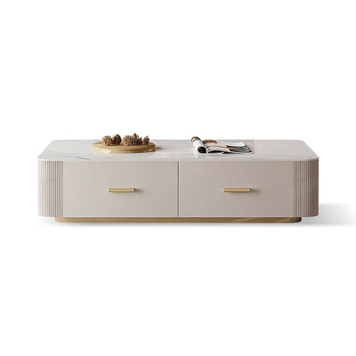 Crystal-cream Sintered Stone Manufactured Wood Rectangular Coffee Table