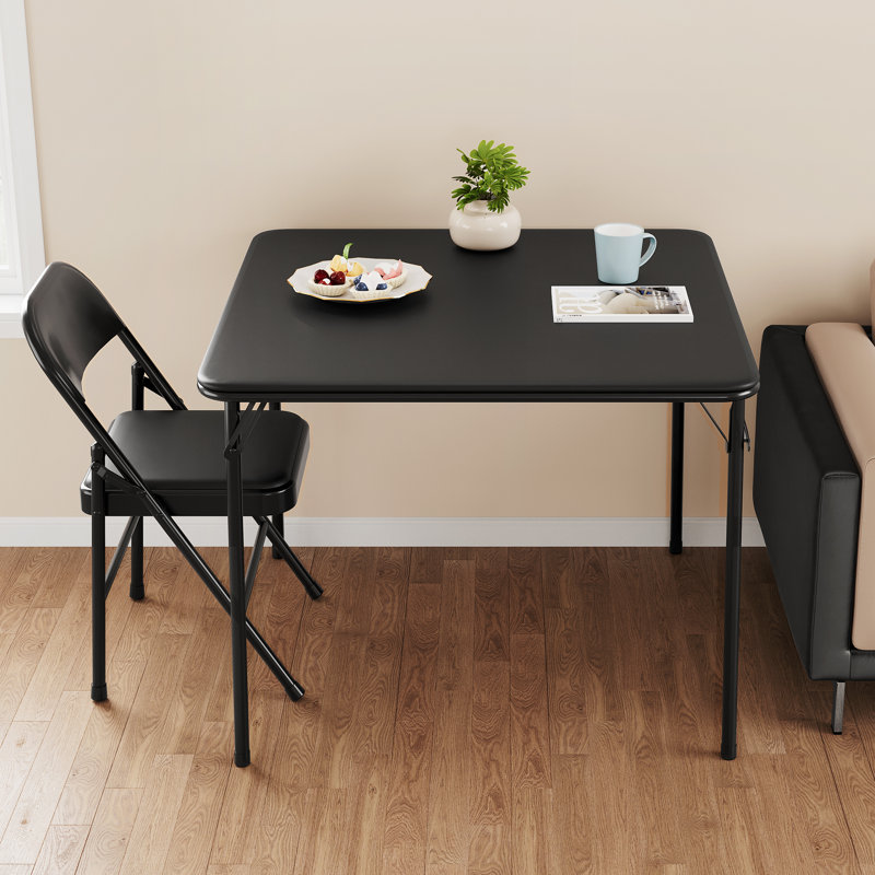 Folding Table, 33.6-Inch Portable Square Folding Card Table,  Metal Folding Table With Pu Soft Cushion 4 Chairs, Black