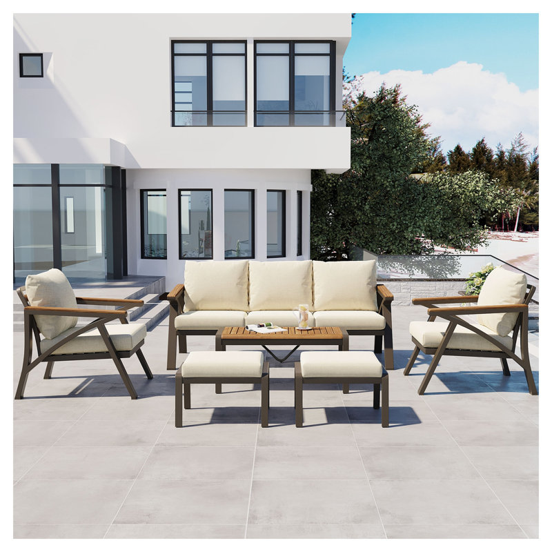 Ensemble de meubles de patio 6 pièces avec table basse en bois d'acacia et canapé à structure en acier, ensemble de conversation coussiné beige crème pour le jardin